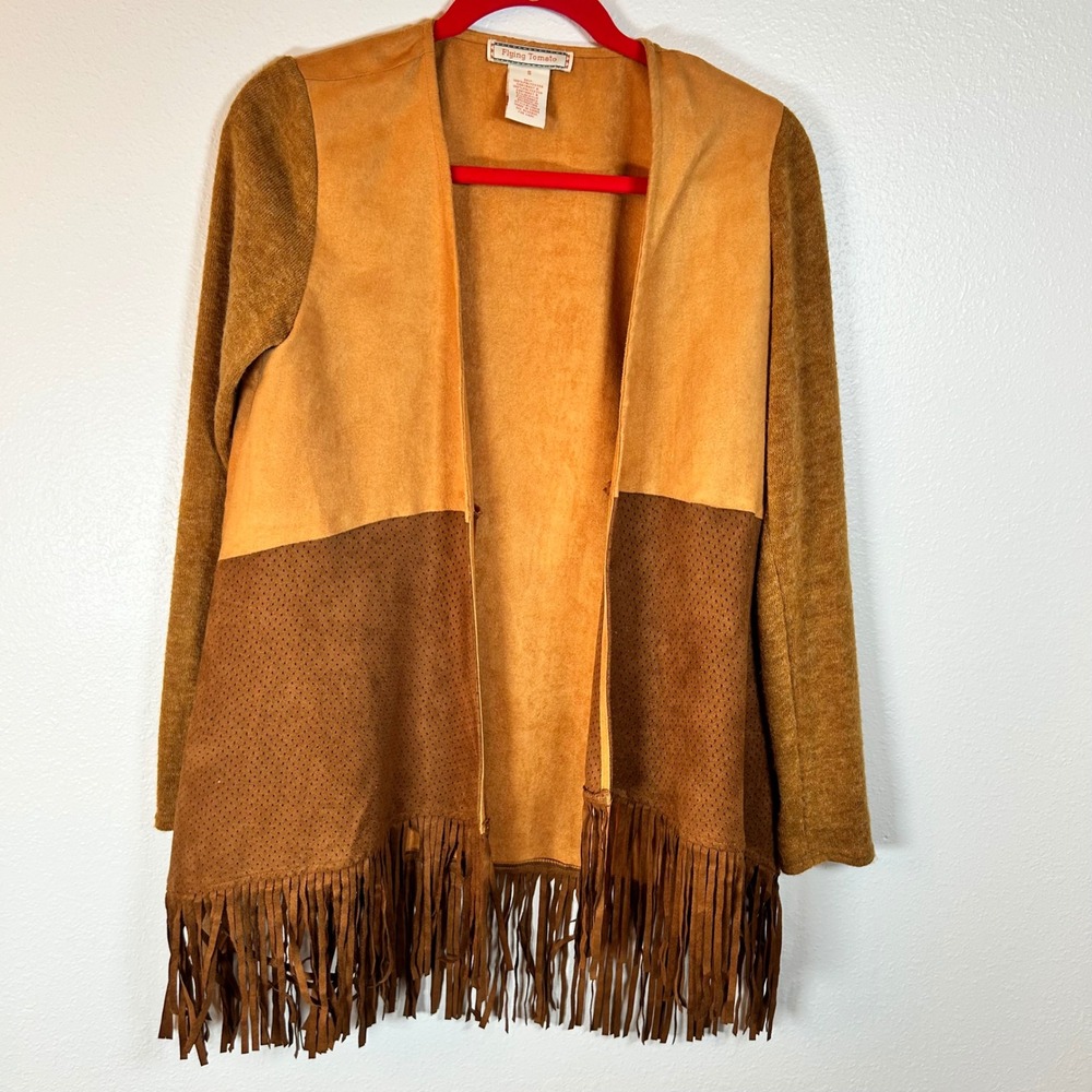 Flying Tomato Cardigan Small Faux Suede Fringe Perforated Long Sleeve Brown